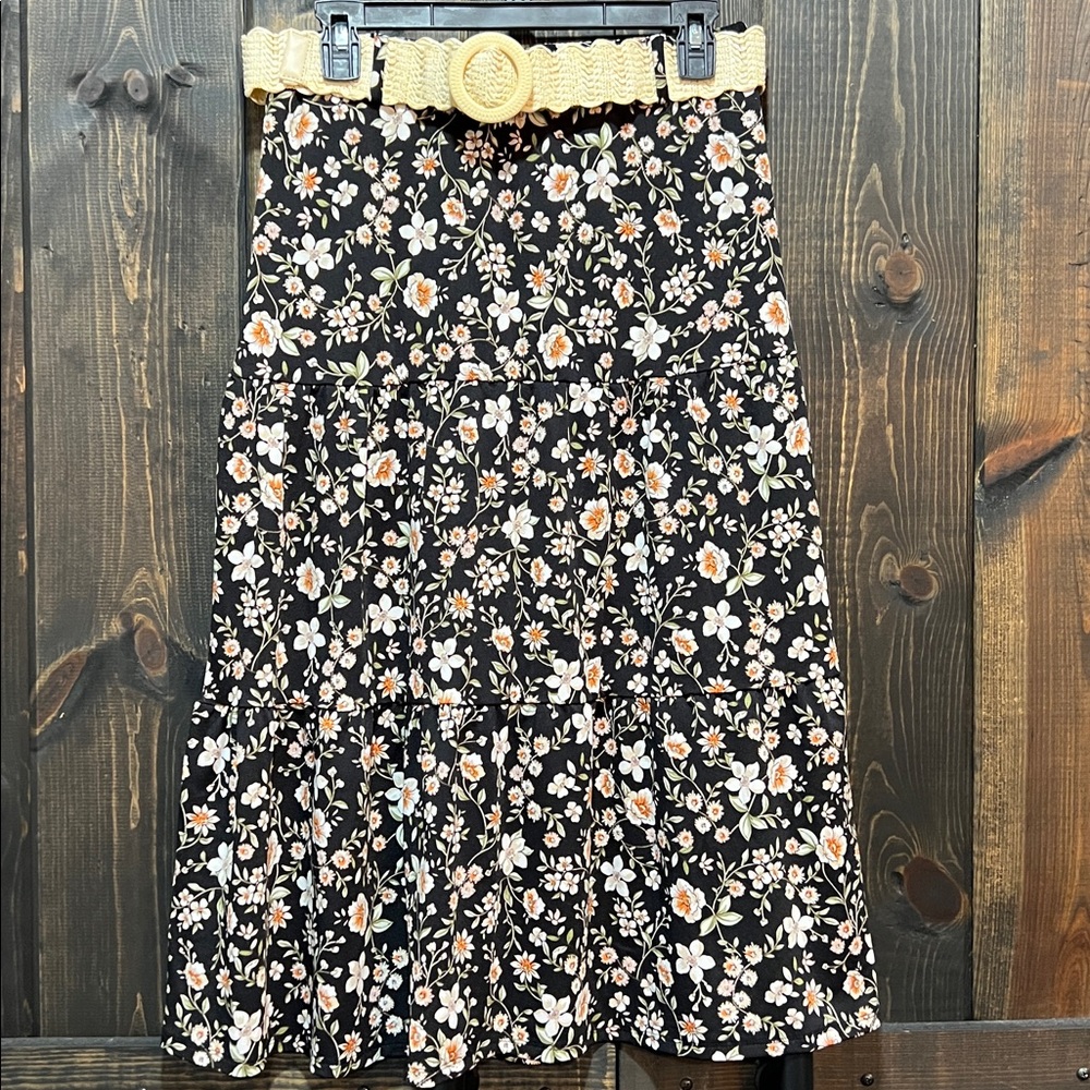 Modern Attraction Belted Midi Dress S Floral Boho Flowy Ruffle Black Cottagecore
